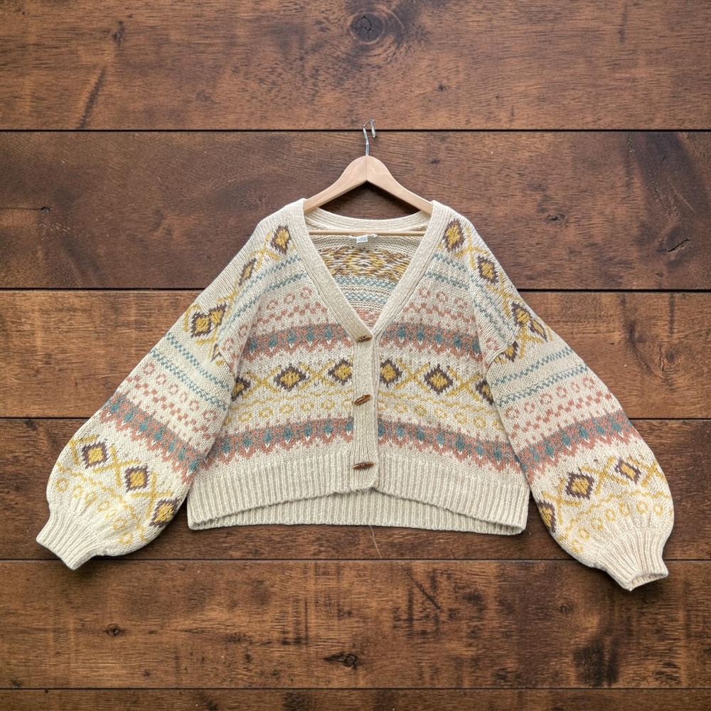 Loveriche Womens L Cropped Fair Isle Cardigan Nordic Geometric Balloon Sleeve